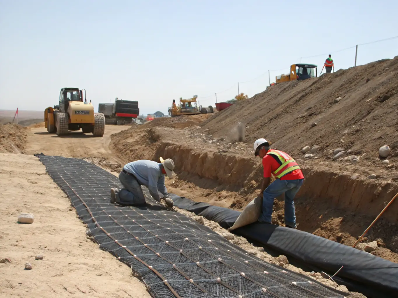 A photograph showcasing soil stabilization techniques, such as the use of retaining walls or erosion control fabrics, to prevent soil movement and maintain proper grading.