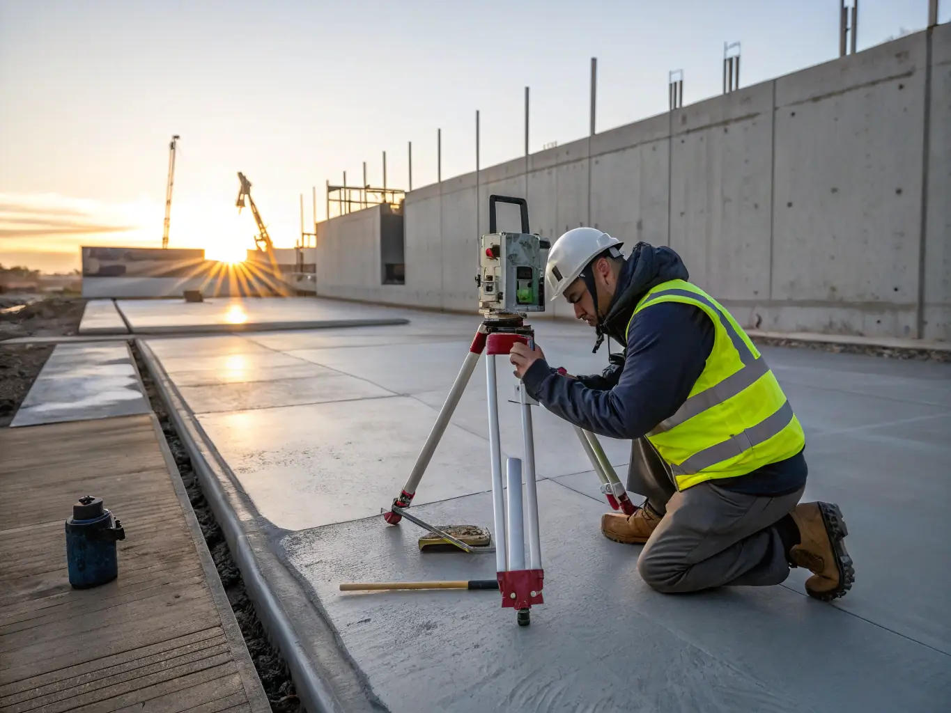 A photograph depicting a construction worker using a laser level to ensure proper grading on a residential property, with a focus on the slope and drainage away from the foundation.