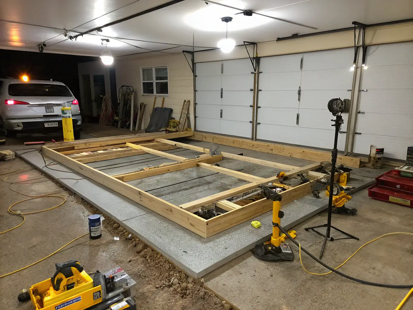 A photo illustrating structural reinforcement work being done on a foundation, showing the application of carbon fiber or steel supports.