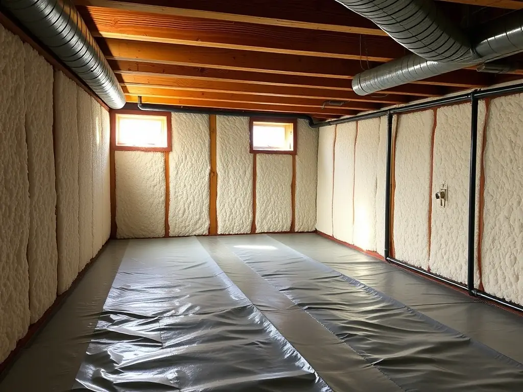 An image depicting a clean and dry crawl space after Nomad Foundation Repair installed a vapor barrier and support beams.