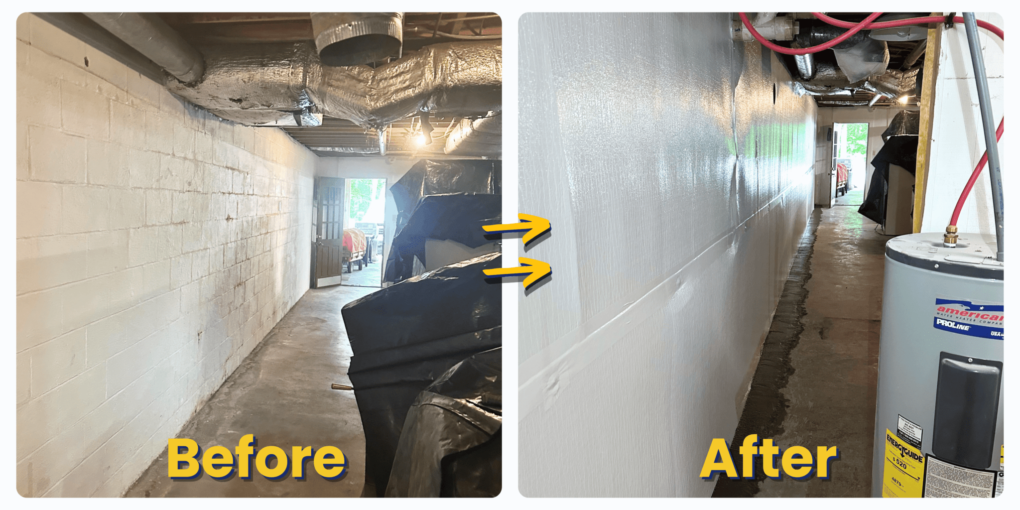 Foundation waterproofing applied to a basement wall